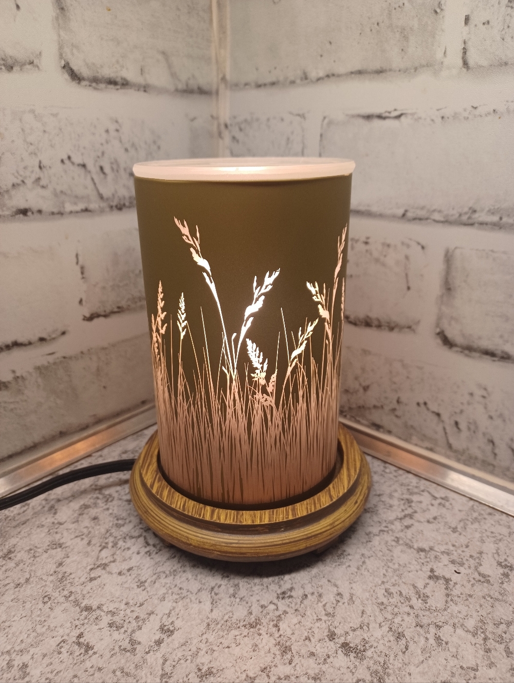Wheat Fields Wax Warmer Simmer Pot Pink Zebra Woodgrain Base Gold Warms Oil